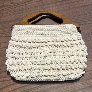 Cream Macrame Knit Crochet Bag with Wooden Handles